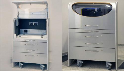 Die in Zusammenarbeit mit der Fa. Sirona, Bensheim, weiterentwickelte fahrbare Schranklösung für die Ihre Schleifeinheit CEREC® 3 MC XL (Zahnärzte) oder CEREC® in Lab MC XL (Dentallabors)